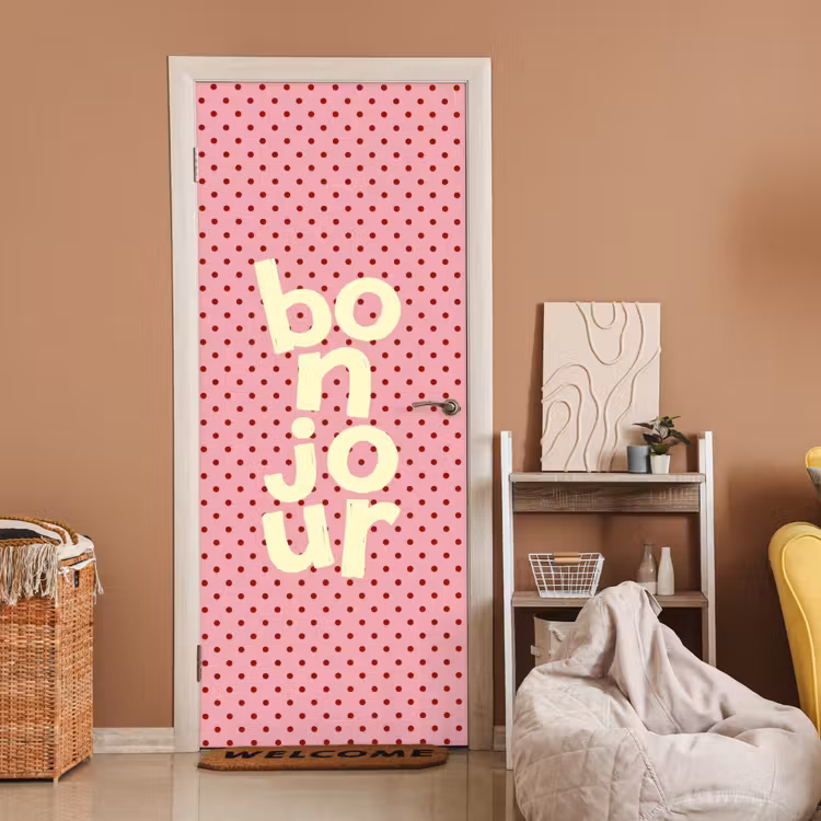 Deursticker - Bonjour - Stippen - Roze- Geel — 2
