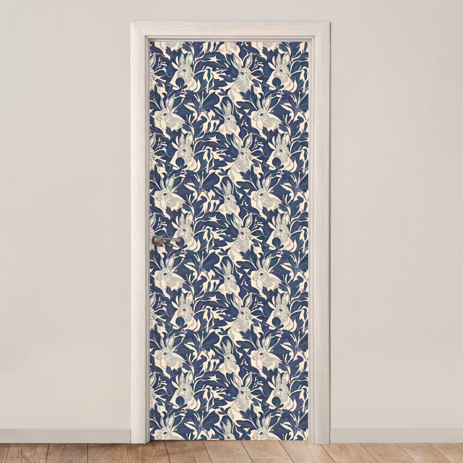 Deursticker - Hazen - Bladeren - Patroon - Blauw - Beige — 1
