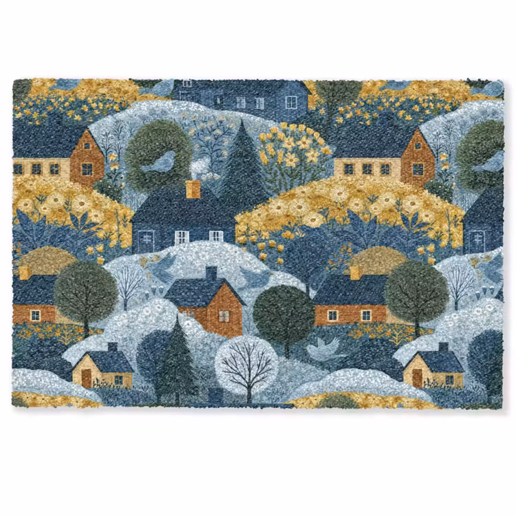 Deurmat - Huisjes - Bloemen - Patroon - Geel - Blauw — 1