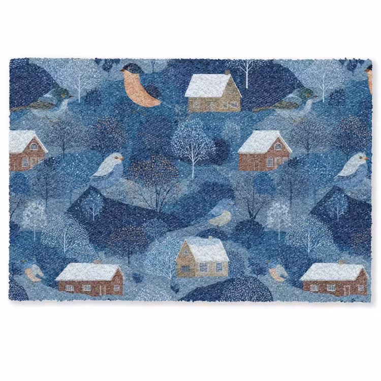 Deurmat - Huisjes - Vogels - Sneeuw - Winter - Blauw — 1