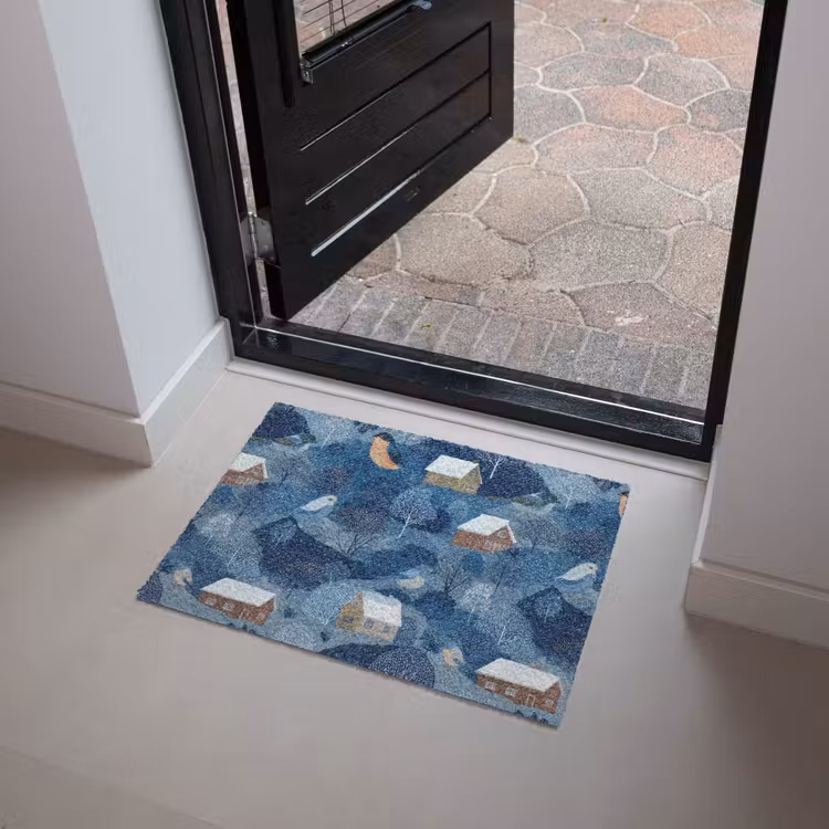 Deurmat - Huisjes - Vogels - Sneeuw - Winter - Blauw — 4