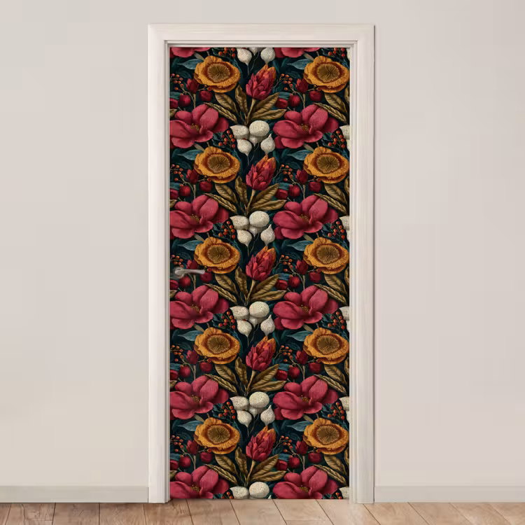 Deursticker - Bloemen - Patroon - Rood - Goud — 1