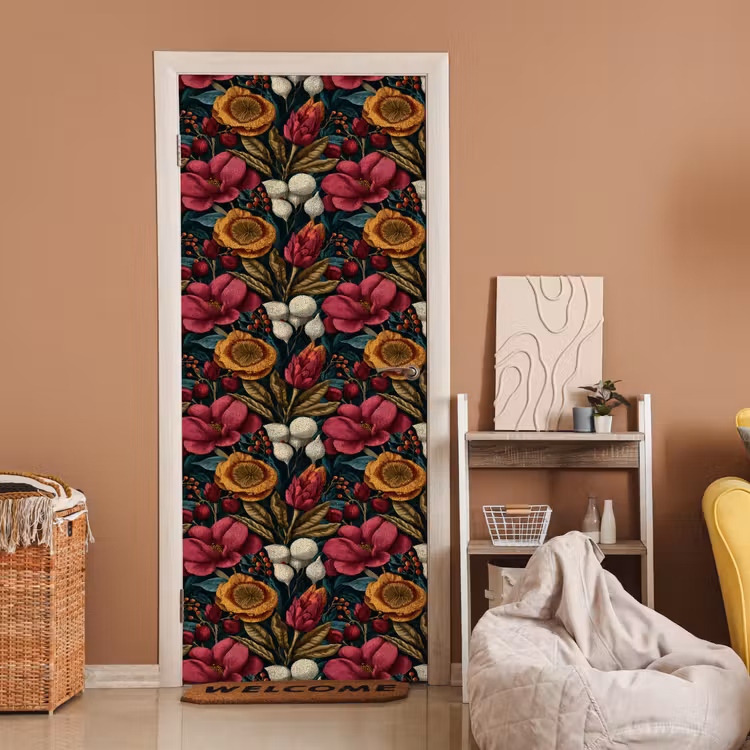 Deursticker - Bloemen - Patroon - Rood - Goud — 2