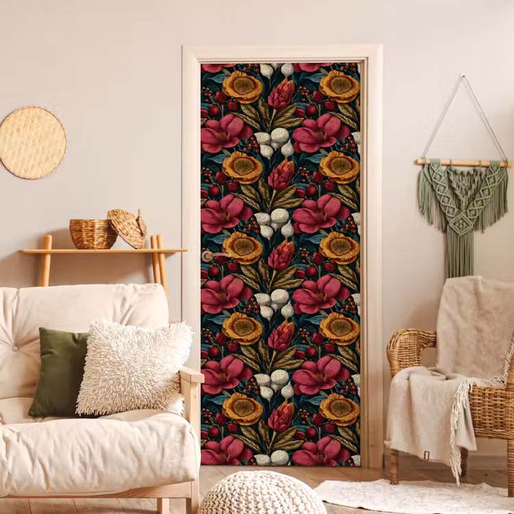 Deursticker - Bloemen - Patroon - Rood - Goud — 4