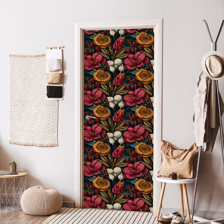 Deursticker - Bloemen - Patroon - Rood - Goud — 8