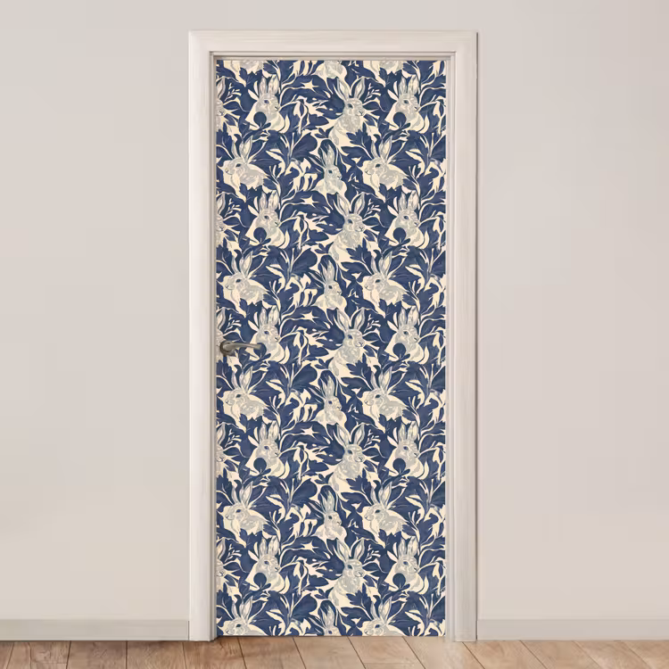 Deursticker - Hazen - Bladeren - Patroon - Blauw - Beige — 1