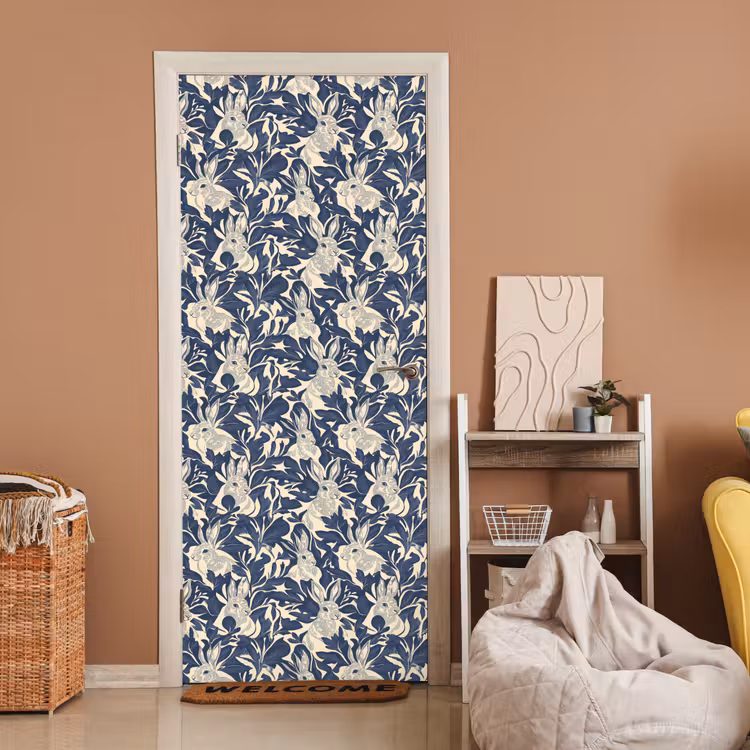 Deursticker - Hazen - Bladeren - Patroon - Blauw - Beige — 2