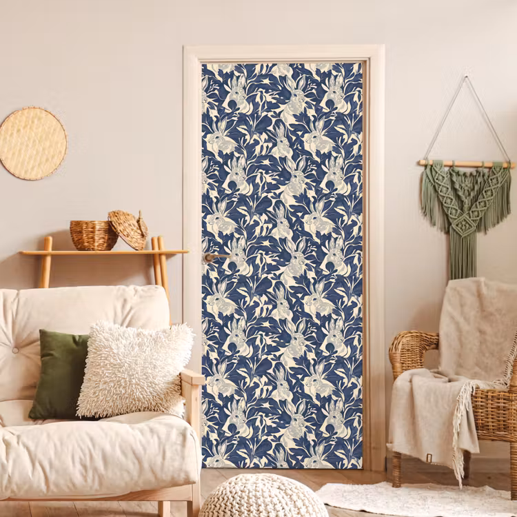Deursticker - Hazen - Bladeren - Patroon - Blauw - Beige — 4