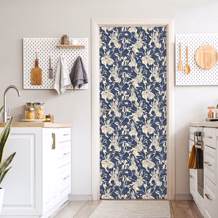 Deursticker - Hazen - Bladeren - Patroon - Blauw - Beige — 7
