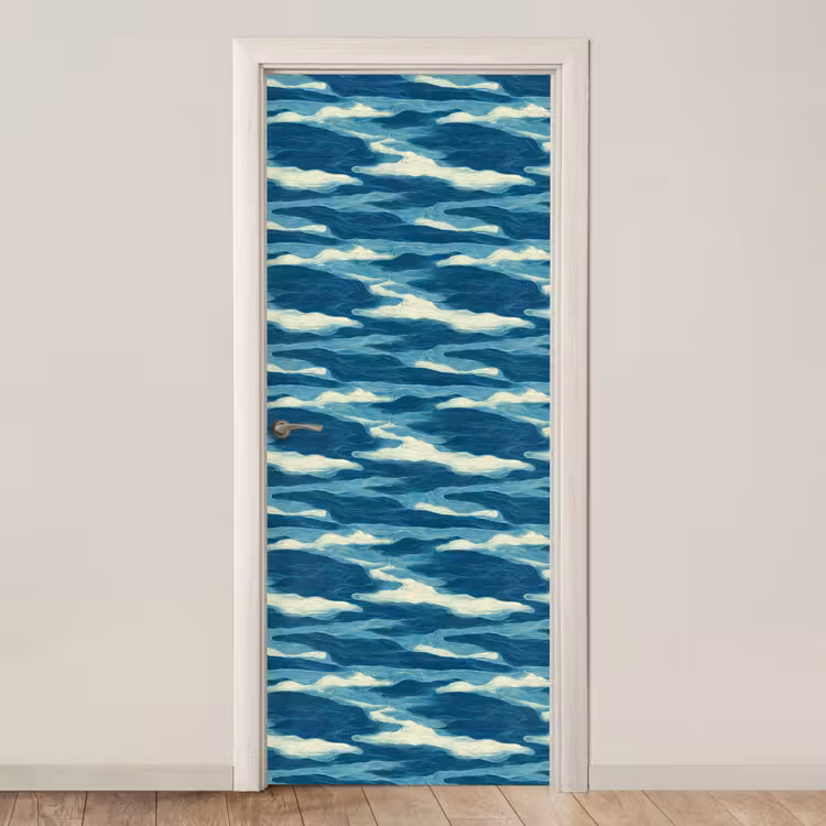 Deursticker - Golven - Abstract - Patroon - Blauw - Wit — 1