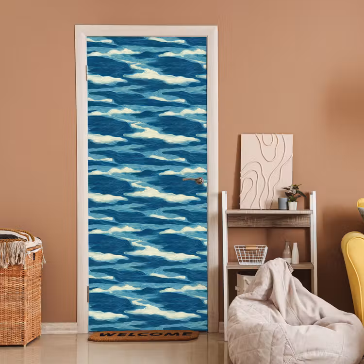 Deursticker - Golven - Abstract - Patroon - Blauw - Wit — 2
