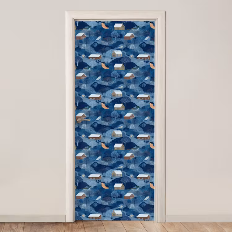 Deursticker - Huisjes - Vogels - Sneeuw - Winter - Blauw — 1