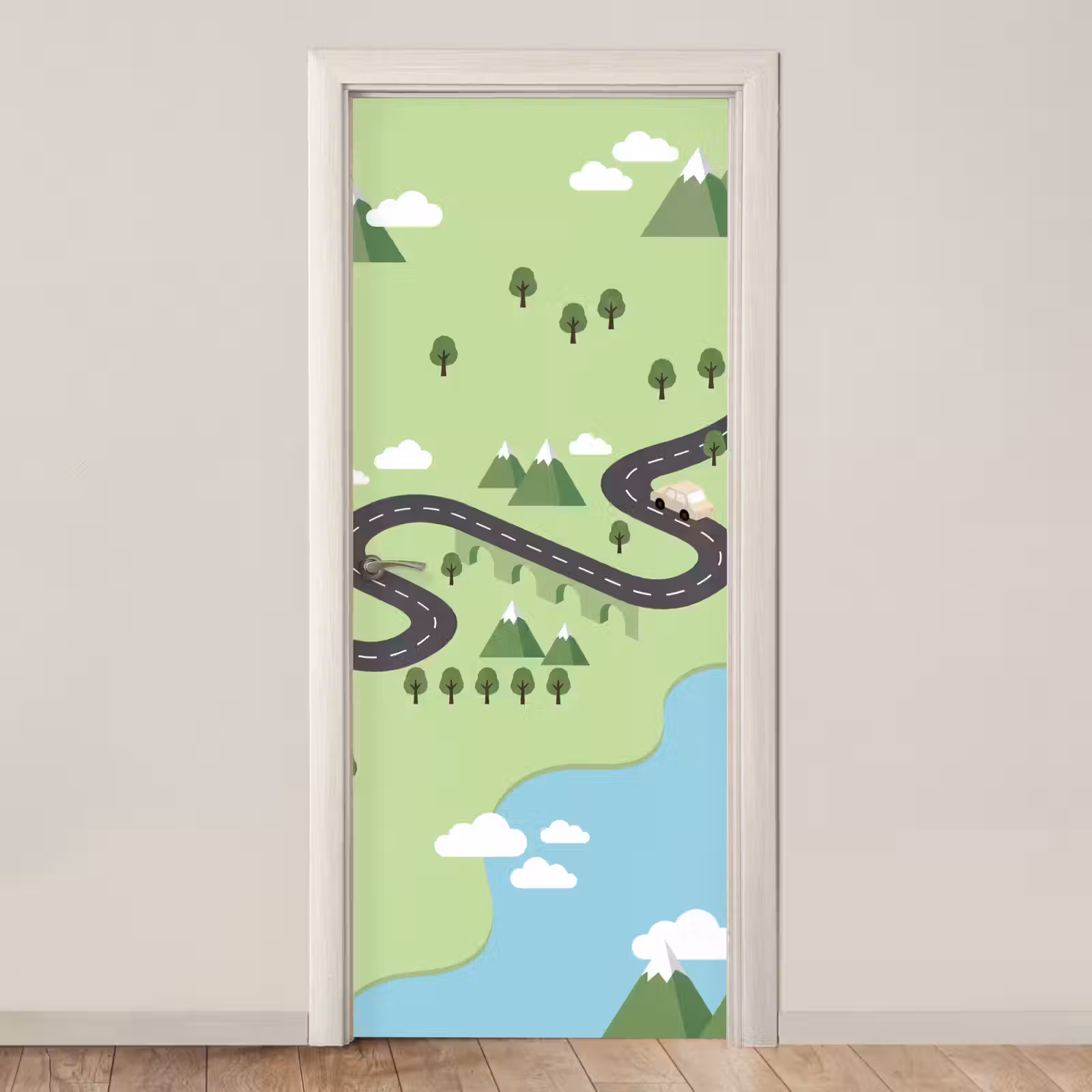 Deursticker - Auto - Bergweg - Natuur - Illustratie — 1