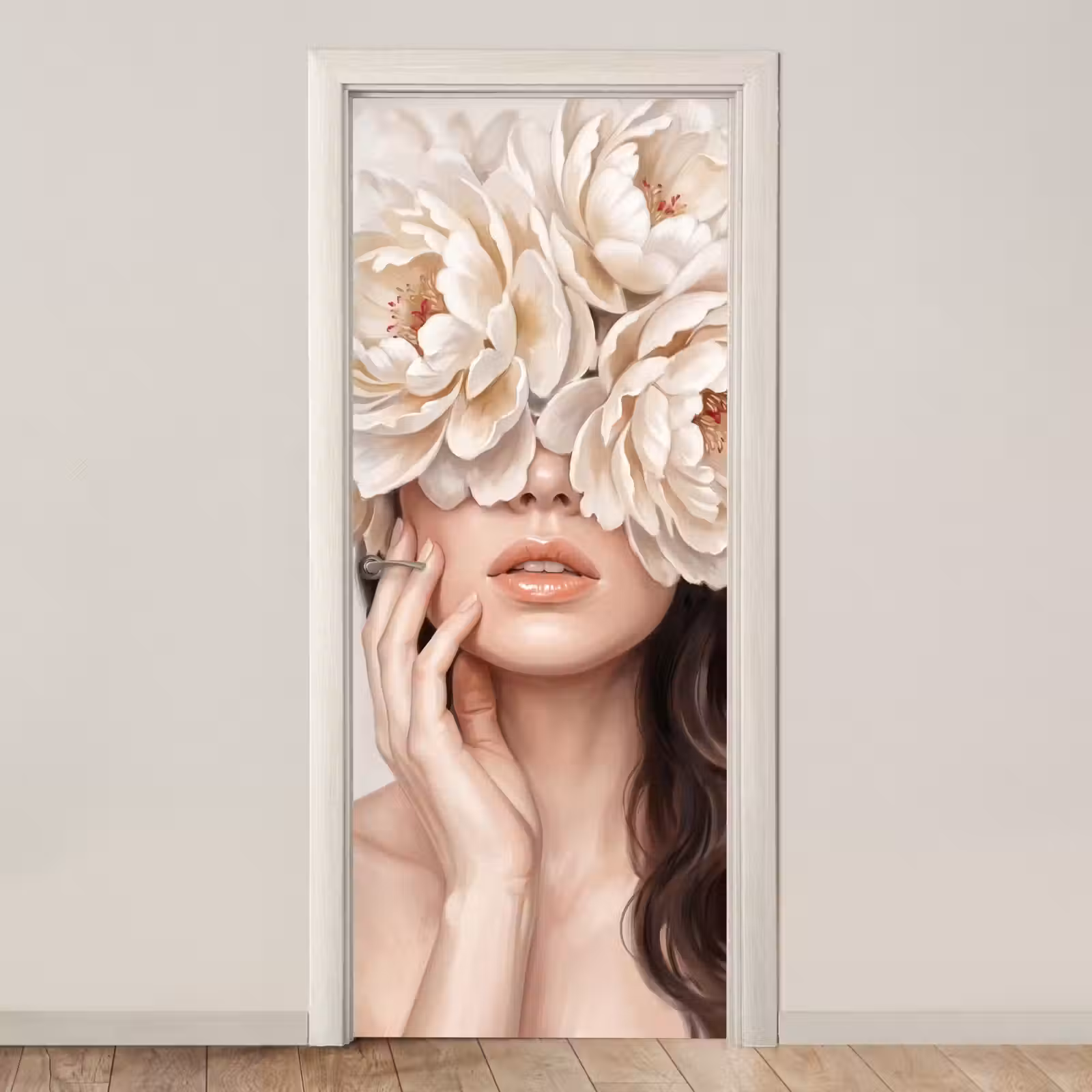 Deursticker - Gezicht - Pioenrozen - Crème — 1