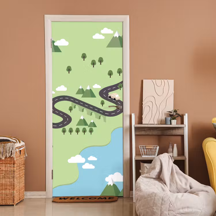 Deursticker - Auto - Bergweg - Natuur - Illustratie — 2