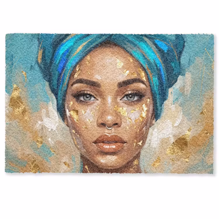Deurmat - Portret - Vrouw - Schilderij - Blauw - Goud - Expressief — 1
