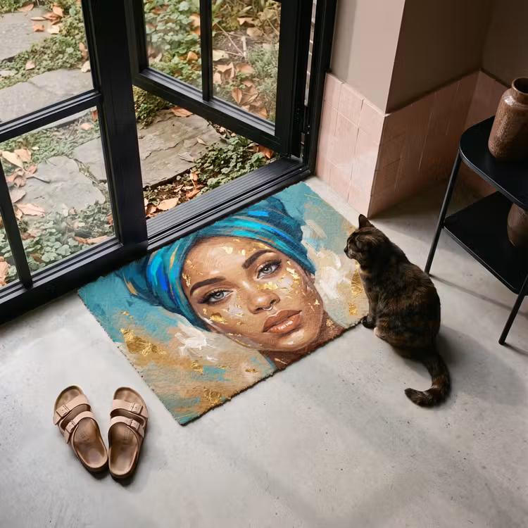 Deurmat - Portret - Vrouw - Schilderij - Blauw - Goud - Expressief — 2
