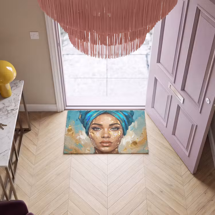 Deurmat - Portret - Vrouw - Schilderij - Blauw - Goud - Expressief — 4