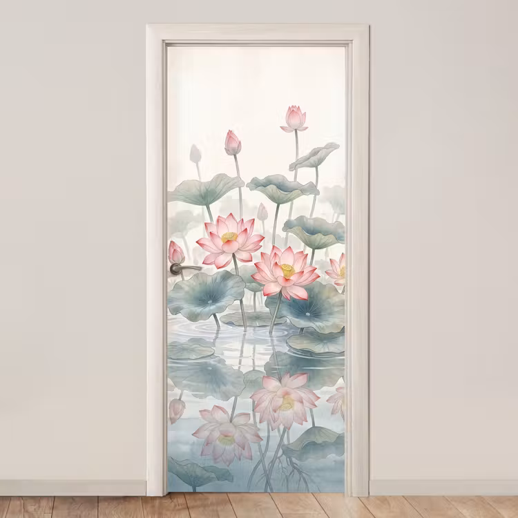 Deursticker - Aquarel - Lotusbloemen - Kleurrijk — 1