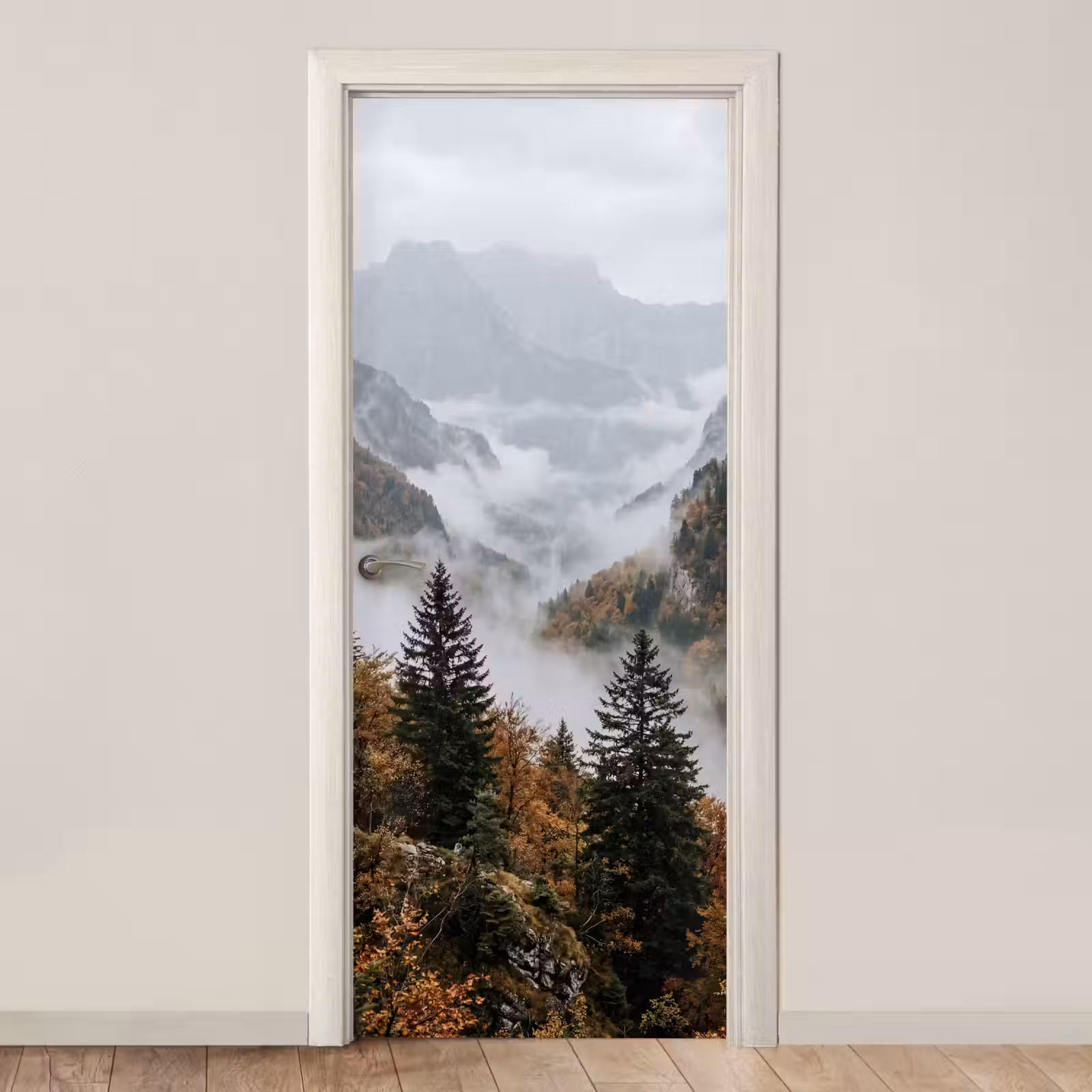 Deursticker - Bergen - Vallei - Mist - Herfst - Natuur — 1