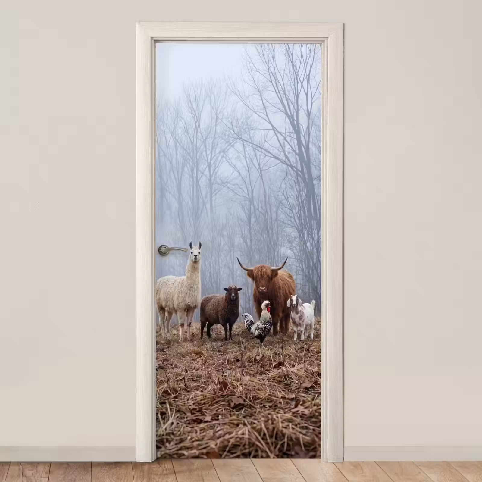 Deursticker - Boerderijdieren - Groep - Mist - Natuur - Rustiek — 1