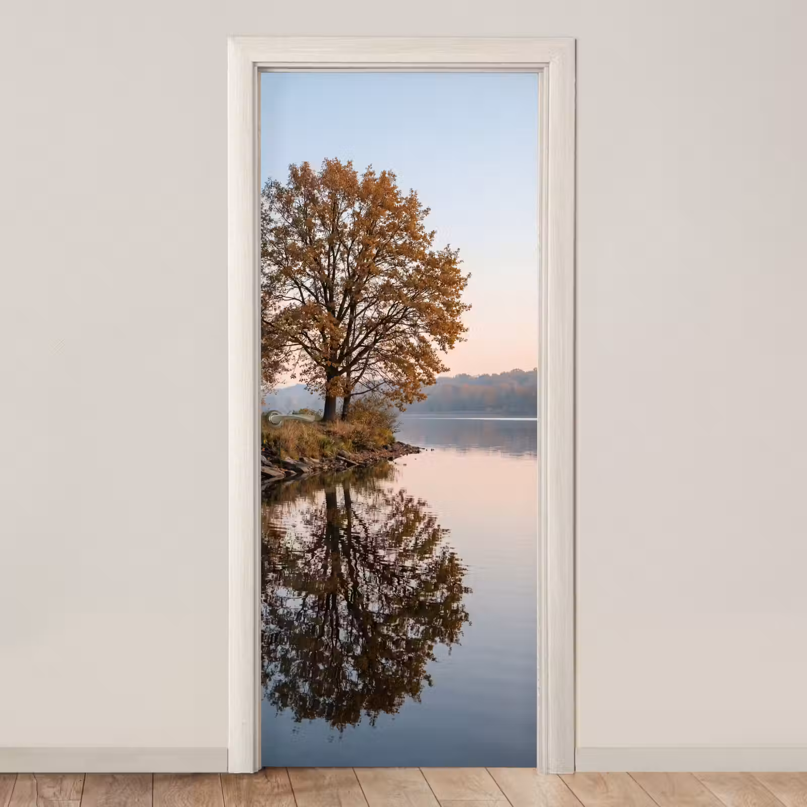 Deursticker - Bomen - Reflectie - Water - Zonsopgang - Serene — 1
