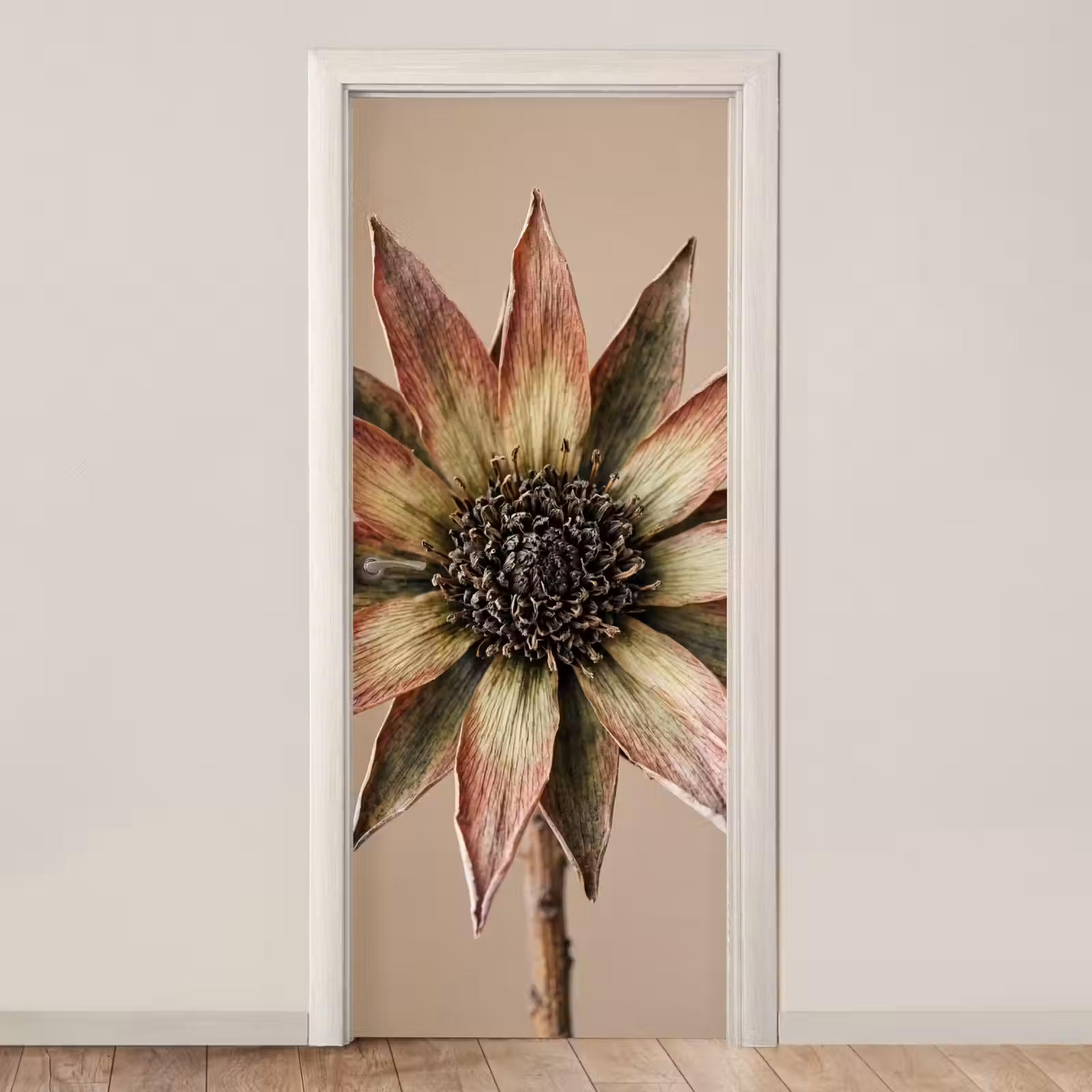 Deursticker - Droogbloem - Protea - Vintage - Beige - Rustiek — 1