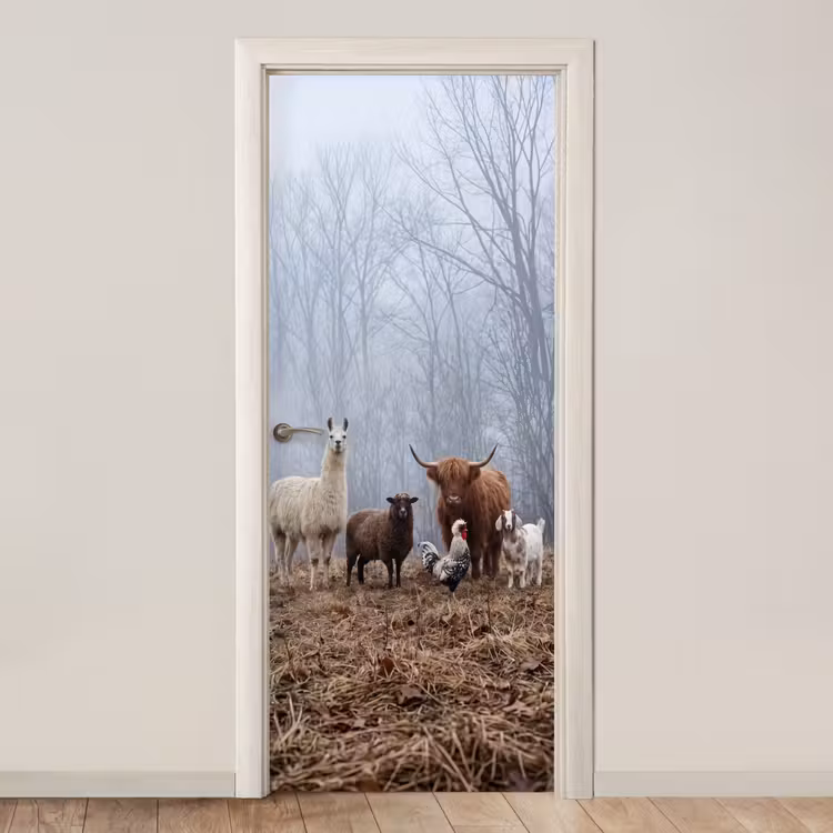 Deursticker - Boerderijdieren - Groep - Mist - Natuur - Rustiek — 1