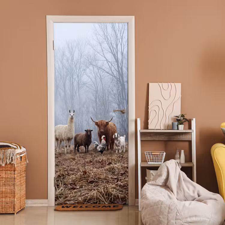 Deursticker - Boerderijdieren - Groep - Mist - Natuur - Rustiek — 2