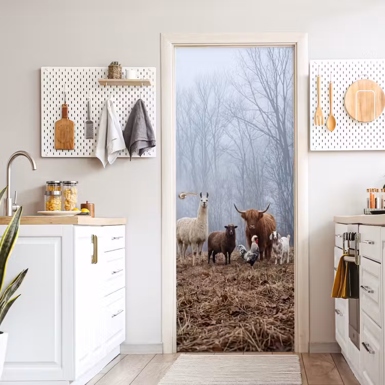 Deursticker - Boerderijdieren - Groep - Mist - Natuur - Rustiek — 7
