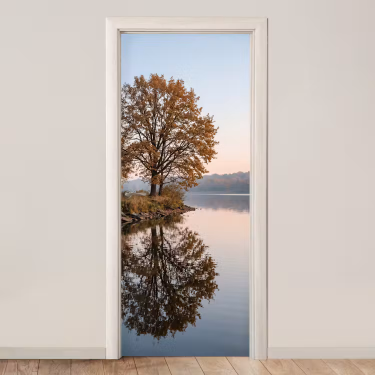 Deursticker - Bomen - Reflectie - Water - Zonsopgang - Serene — 1