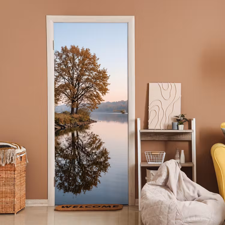 Deursticker - Bomen - Reflectie - Water - Zonsopgang - Serene — 2