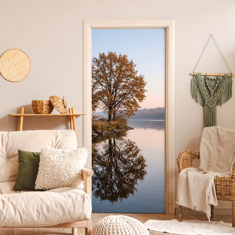 Deursticker - Bomen - Reflectie - Water - Zonsopgang - Serene — 4