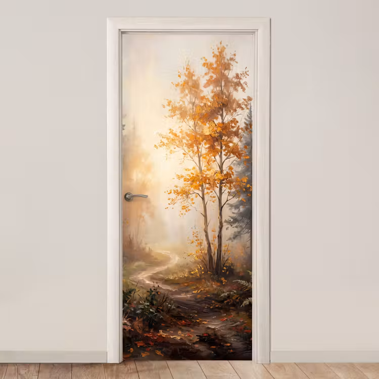 Deursticker - Bospad - Herfstbladeren - Natuur - Schilderachtig - Oranje — 1