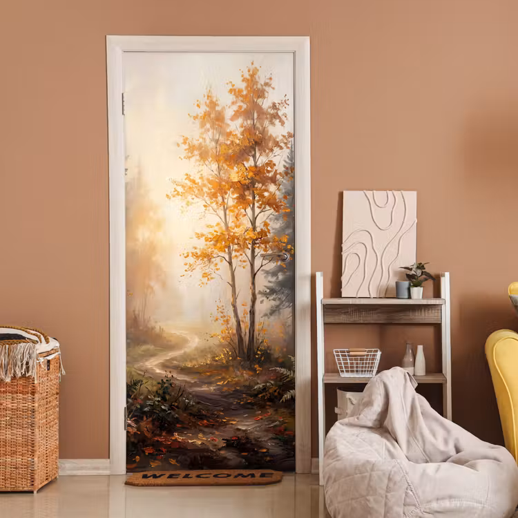 Deursticker - Bospad - Herfstbladeren - Natuur - Schilderachtig - Oranje — 2