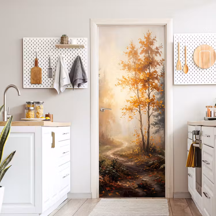 Deursticker - Bospad - Herfstbladeren - Natuur - Schilderachtig - Oranje — 7