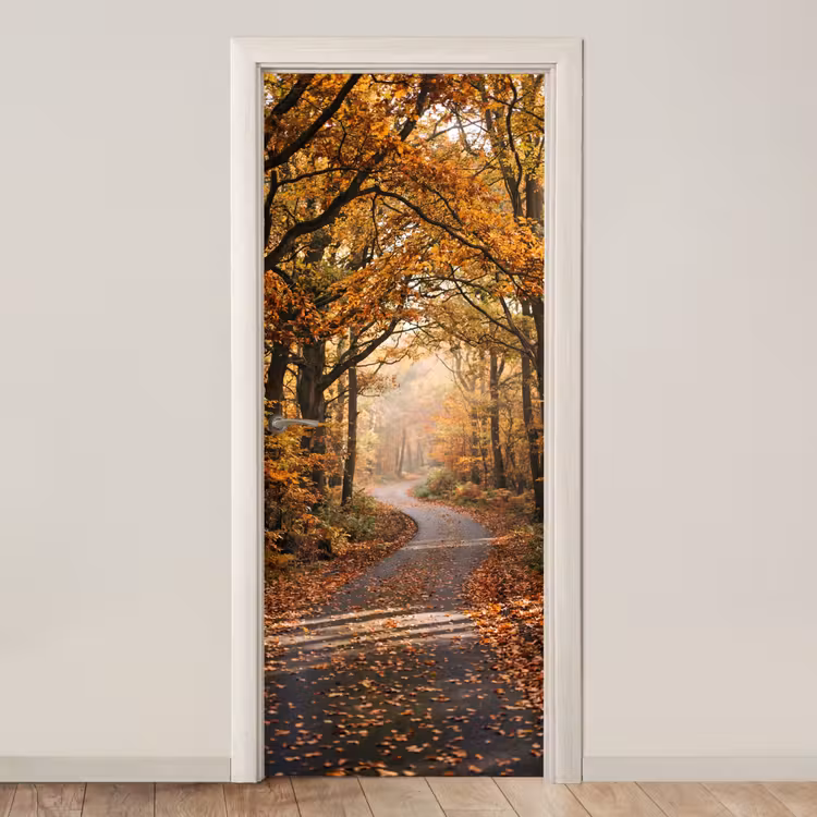 Deursticker - Bospad - Herfstbos - Bladeren - Oranje - Nostalgisch — 1