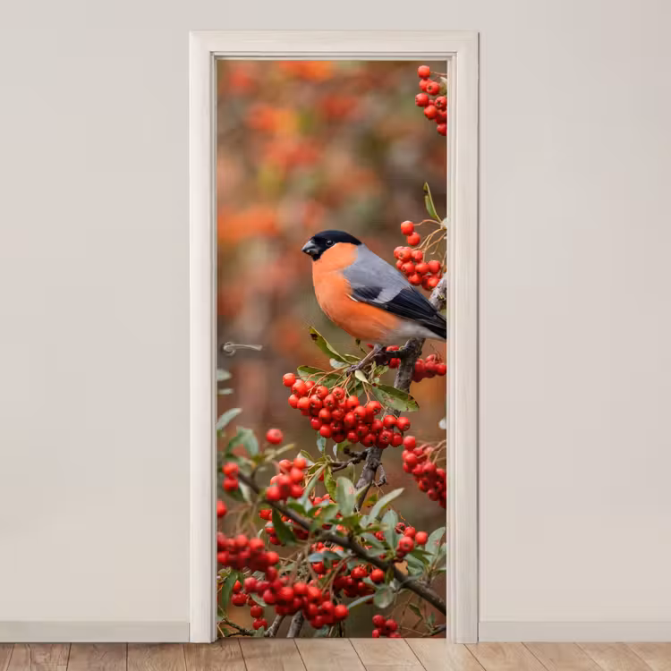 Deursticker - Goudvink - Bessen - Herfst - Natuur - Kleurrijk — 1
