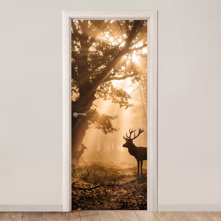 Deursticker - Hert - Bos - Mistig - Natuur - Goud — 1