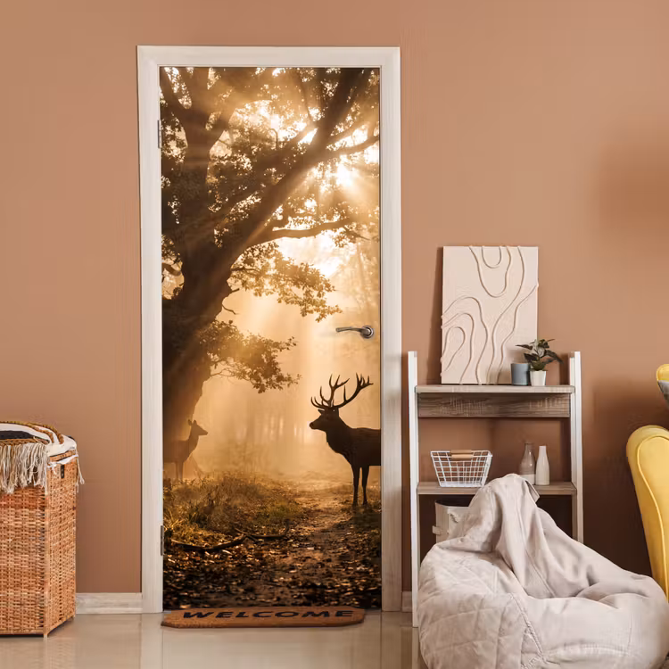 Deursticker - Hert - Bos - Mistig - Natuur - Goud — 2