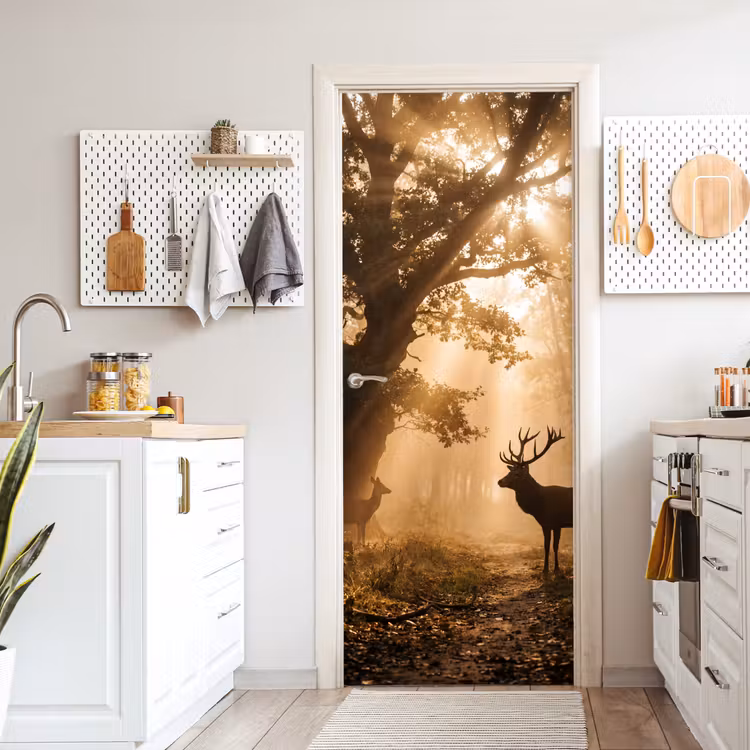Deursticker - Hert - Bos - Mistig - Natuur - Goud — 7