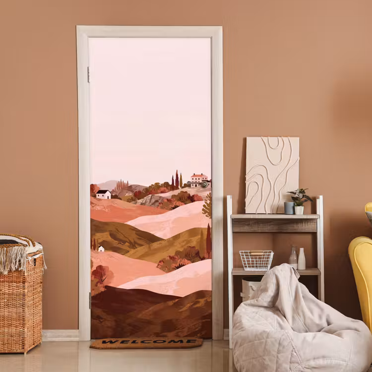 Deursticker - Heuvellandschap - Grafisch - Terracotta — 2
