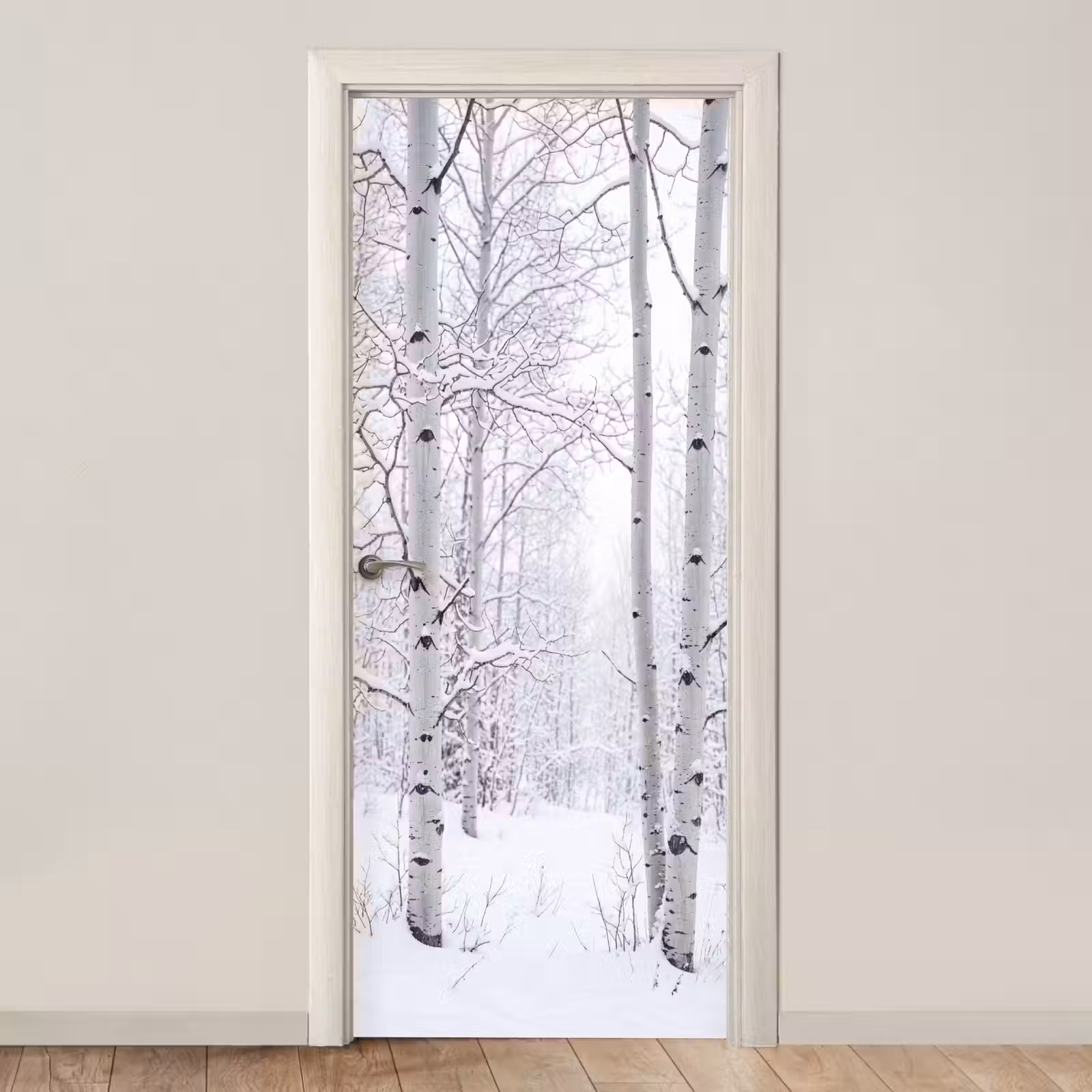 Deursticker - Berkenbomen - Sneeuw - Winter - Bos - Wit — 1