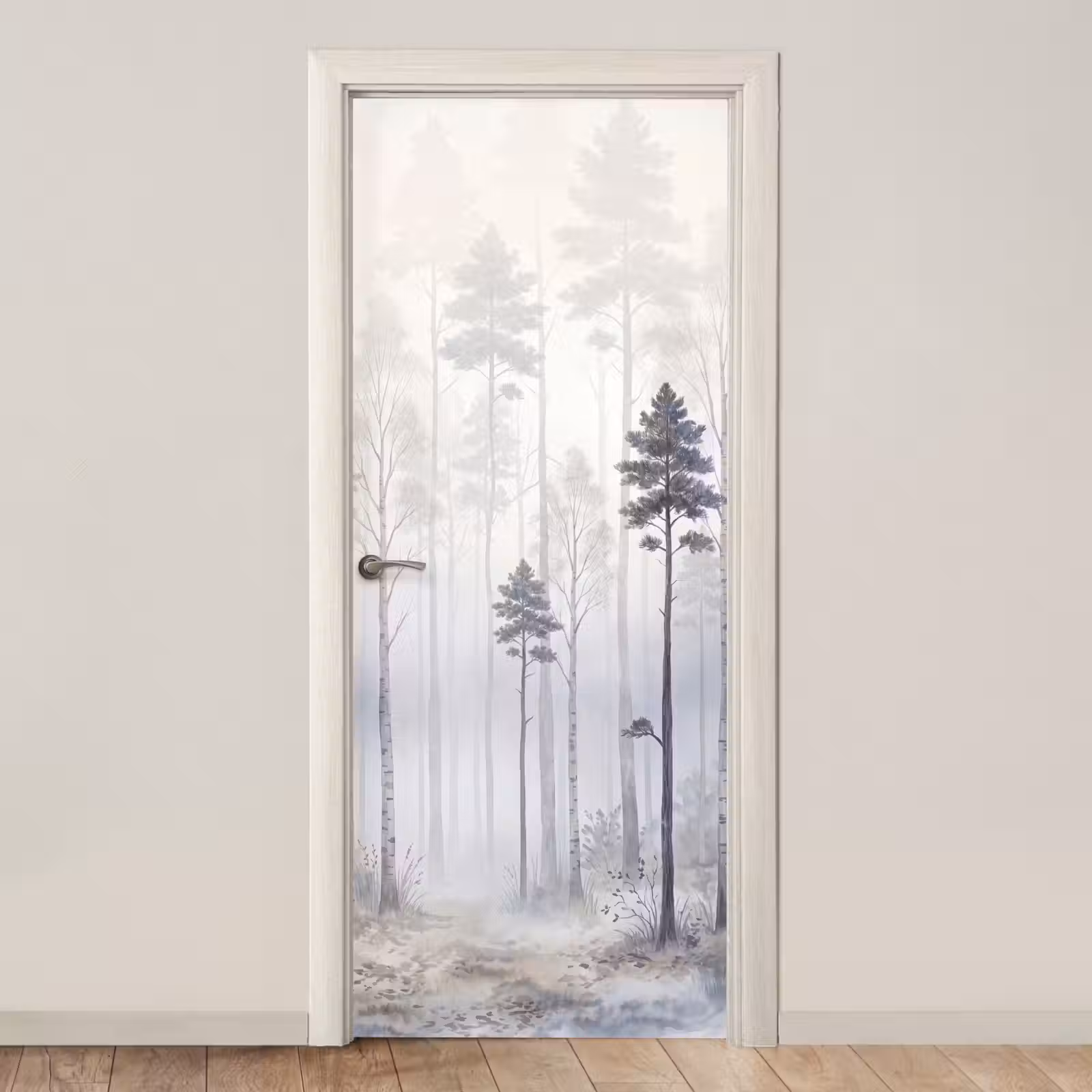 Deursticker - Bos - Bomen - Mist - Natuur - Illustratie - Grijs — 1