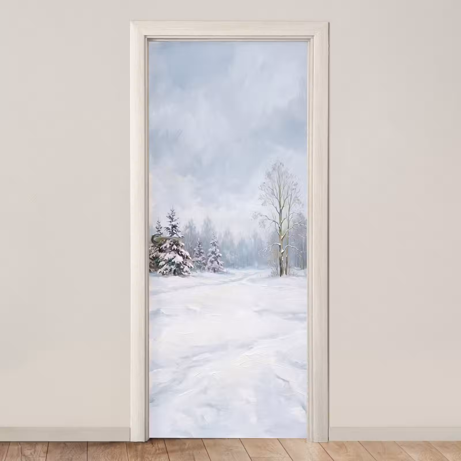 Deursticker - Bospad - Dennen - Sneeuw - Winter - Rustgevend — 1