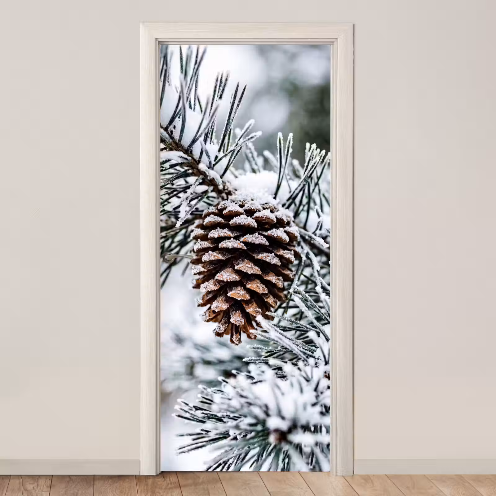 Deursticker - Dennenappel - Tak - Sneeuw - Winter - Sfeervol — 1