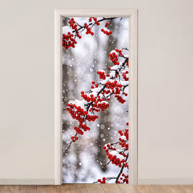 Deursticker - Bessen - Takken - Sneeuw - Winter - Kleurrijk — 1