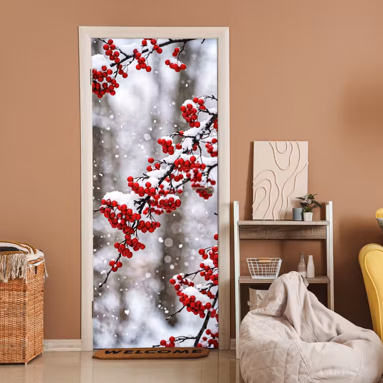 Deursticker - Bessen - Takken - Sneeuw - Winter - Kleurrijk — 2