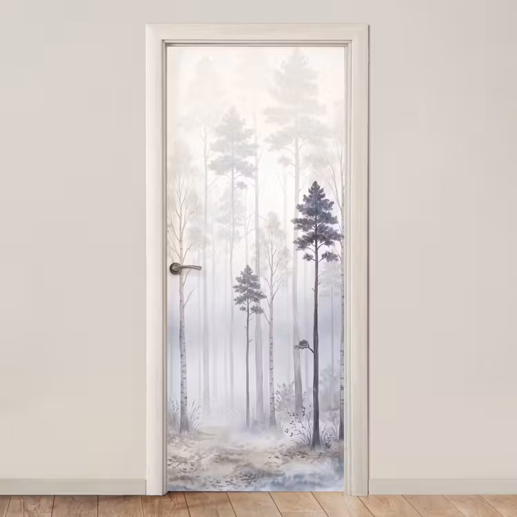 Deursticker - Bos - Bomen - Mist - Natuur - Illustratie - Grijs — 1