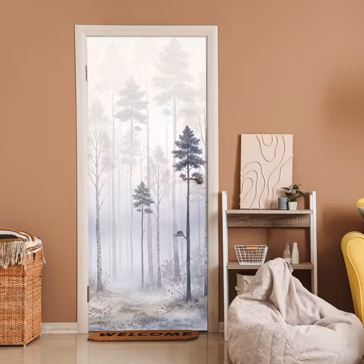 Deursticker - Bos - Bomen - Mist - Natuur - Illustratie - Grijs — 2